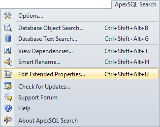 Edit extended properties command in the ApexSQL Search main menu