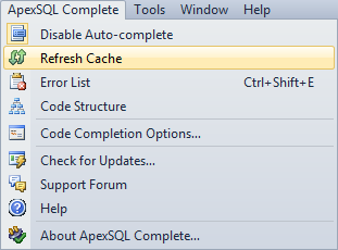 ApexSQL Complete offers Refresh Cache feature