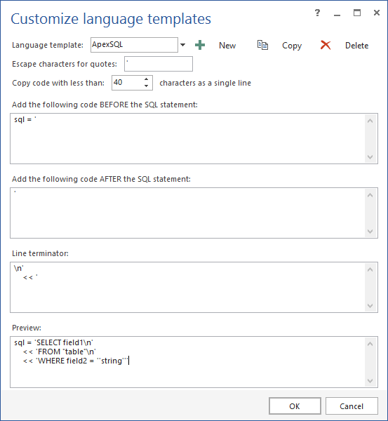 Creating a custom template with the Customize languages option