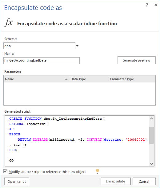 Choosing the Encapsulate as option and the Scalar Inline Function option from the submenu of ApexSQL Refactor