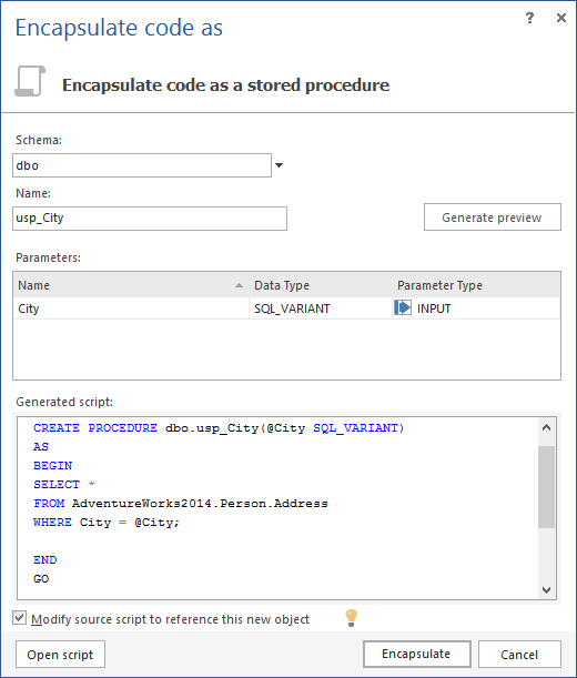 EXECUTE statement for the encapsulated procedure is created