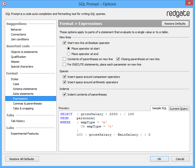 RedGate preview screen will not show the impact if some of the formatting settings are changed