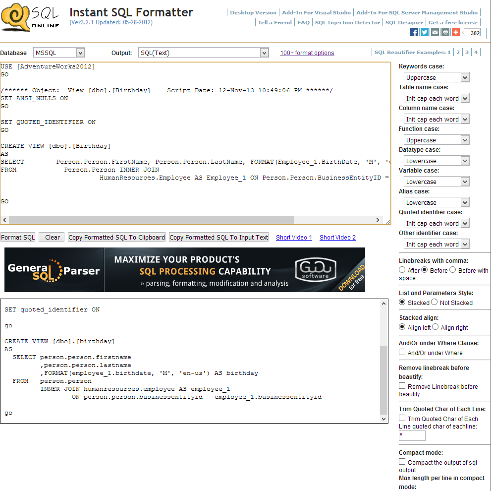 Formatting with Instant SQL Formatter