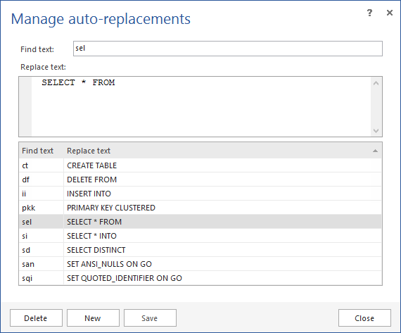Manage auto-replacements dialog