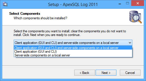 ApexSQL Log 2011 setup - components selection