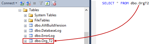 A new dbo.Org_T2 table has been created, but it will not be shown in the auto-complete hint list