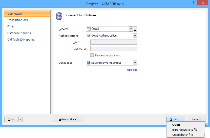 ApexSQL Log's project dialog - Create batch file option