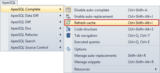 Refresh Cache command from the ApexSQL Complete sub-menu