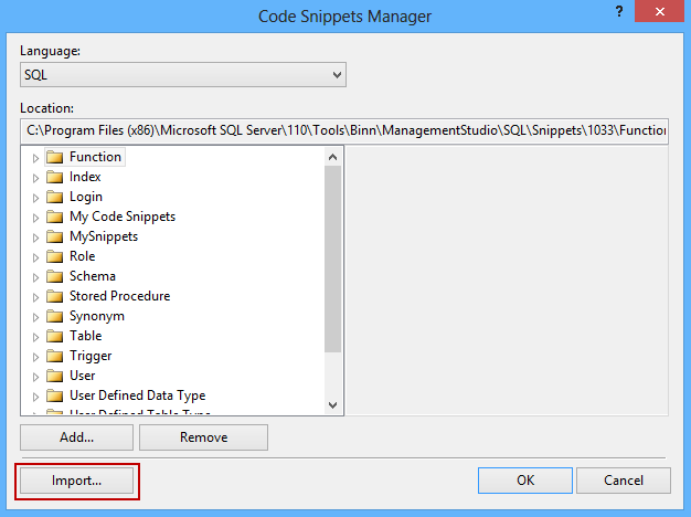 SSMS Code Snippets Manager - Importing snippet