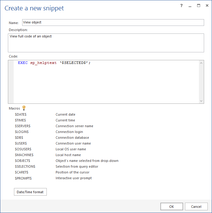 Create new snippet dialog