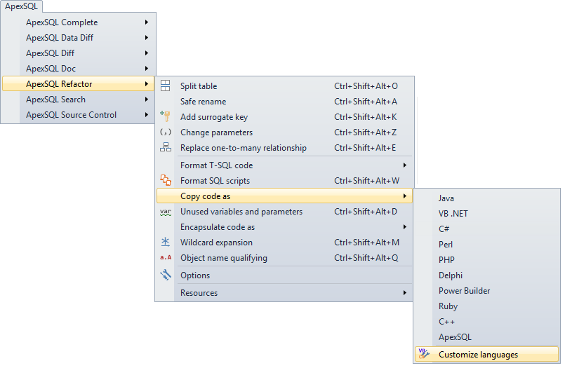 Choosing Customize languages option in ApexSQL Refactor