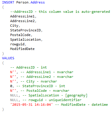 ApexSQL Complete will do the rest, based on a predefined template for the INSERT statement