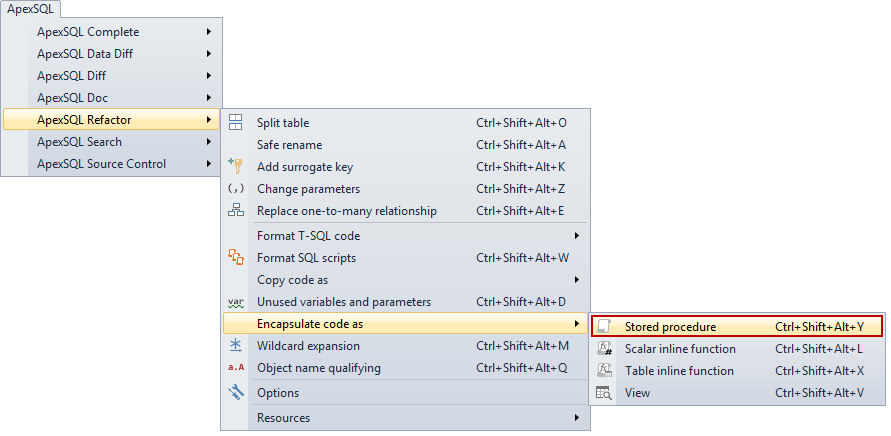Choosing the Encapsulate as option and the Stored Procedure option from the ApexSQL Refactor submenu