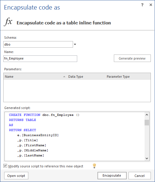 Selecting the Encapsulate as a table inline function option from the ApexSQL Refactor submenu