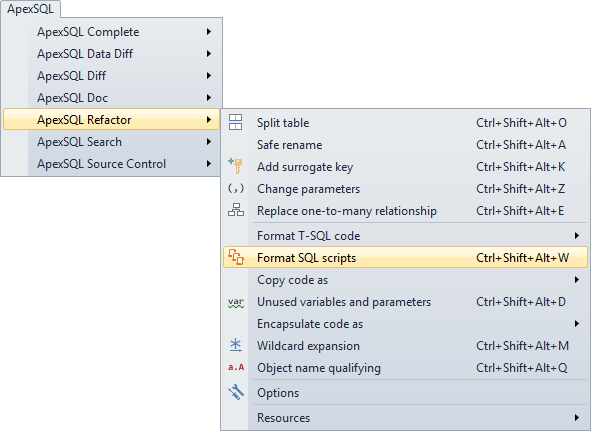 Choosing the Format SQL scripts option in the ApexSQL Refactor menu