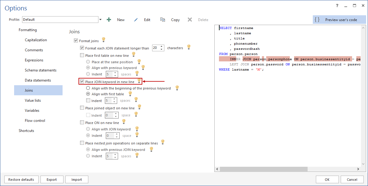 Code changes are highlighted in the preview window, for every formatting option