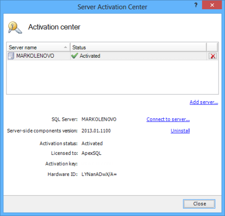 ApexSQL Log 2013 Server activation center
