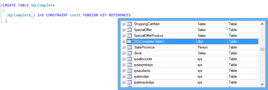 ApexSQL Complete 2013 R4 sneak peek - The user is prompted with the hint-list of tables