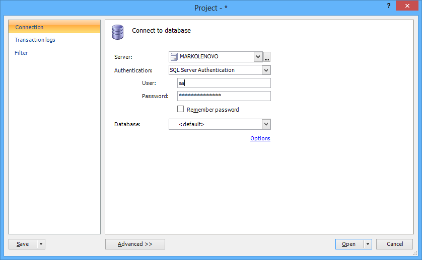Project wizard in ApexSQL Log 2011