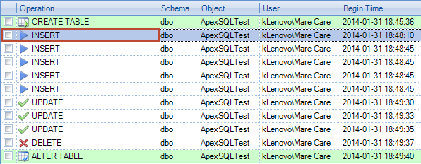 Dialog in ApexSQL Log showing all transactions made by executed T-SQL code