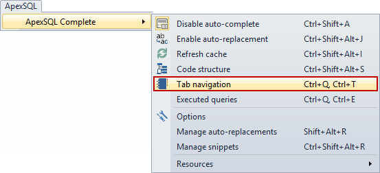 Tab Navigation is displayed as a pane below the query window in SSMS