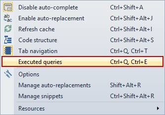 Choosing the Executed queries command in ApexSQL Complete menu