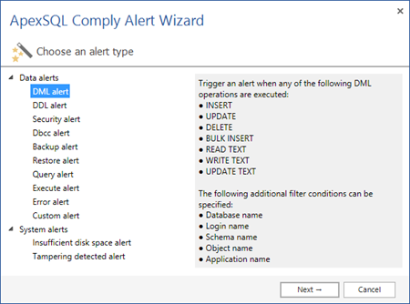 Alert wizard feature in ApexSQL Audit 2014