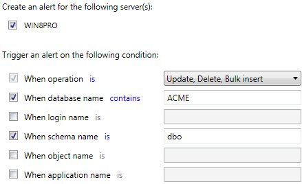 Dialog showing description for each alert with additional filters in ApexSQL Audit 2014