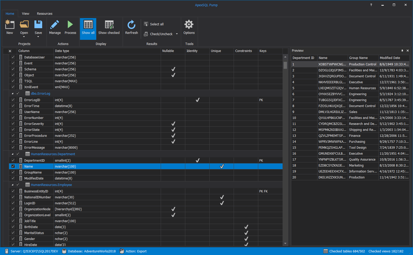 ApexSQL Pump Export main grid with all shown SQL objects