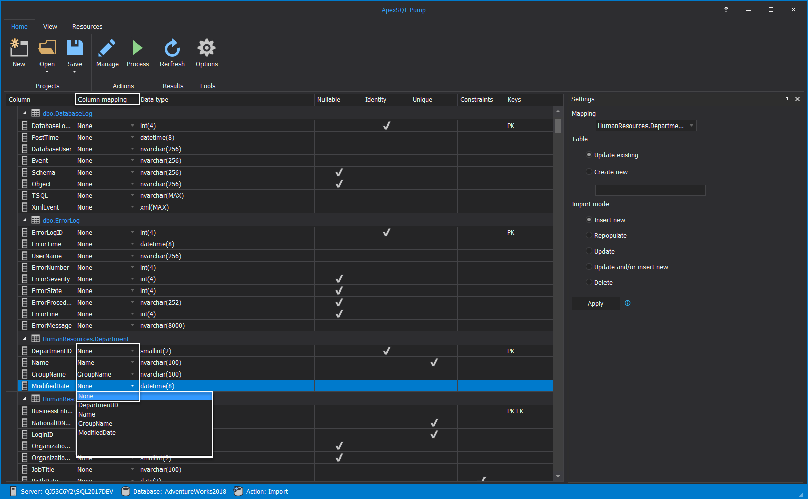 ApexSQL Pump import main grid with column mapping