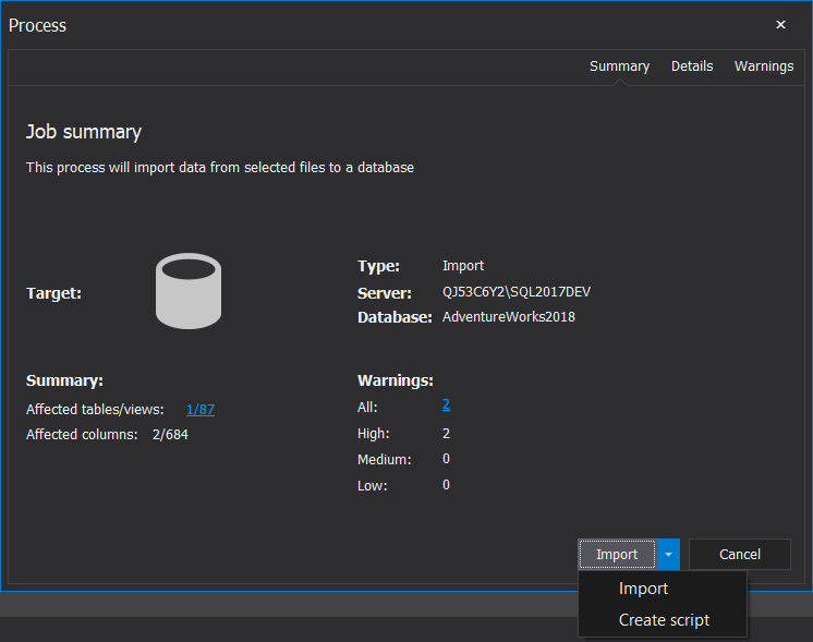 ApexSQL Pump Job summary before importing data