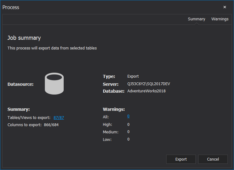 ApexSQL Pump Job summary window before exporting