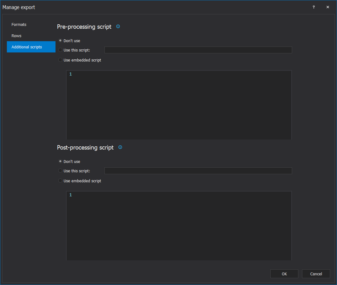 ApexSQL Pump manage export window with additional scripts tab