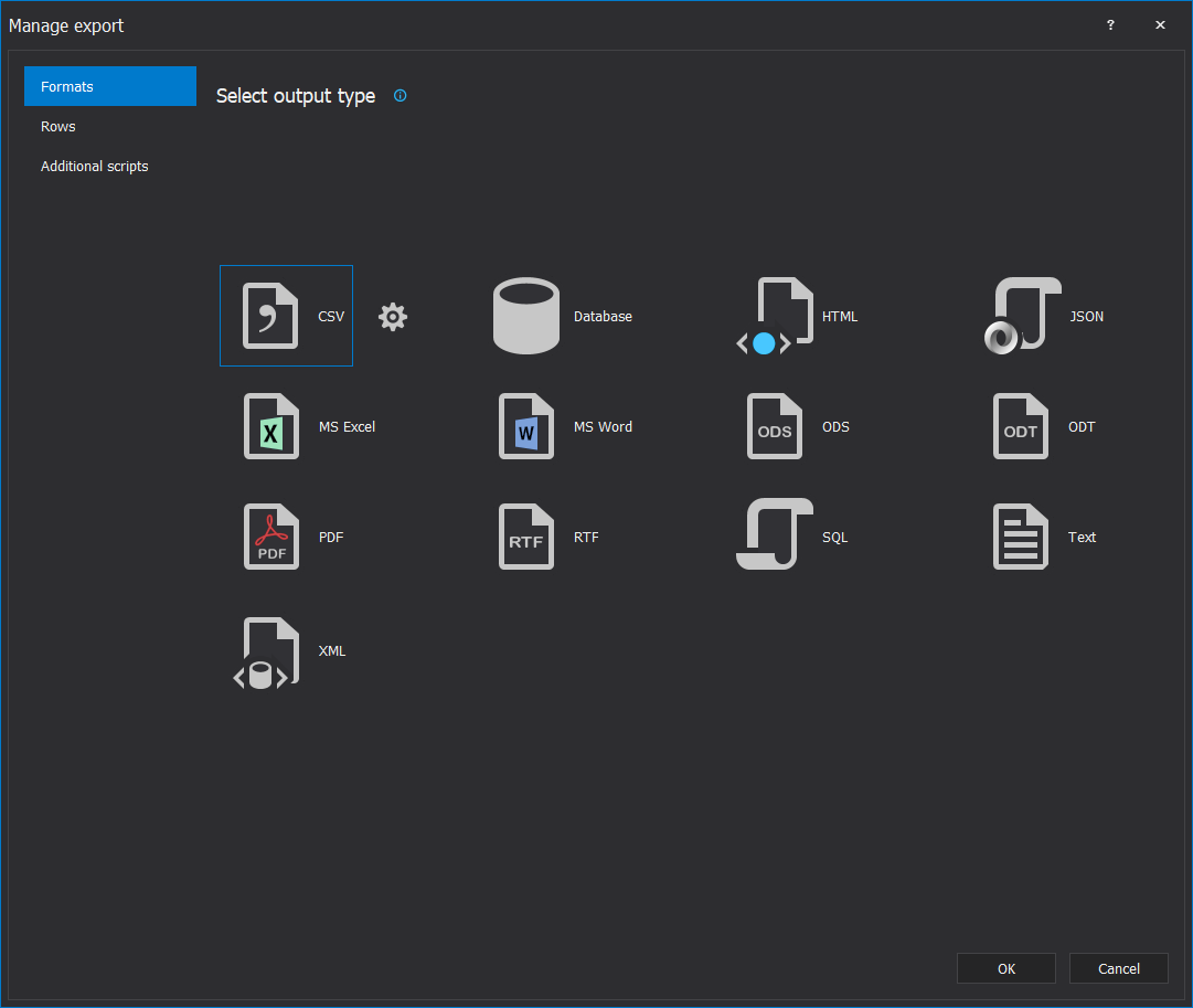 ApexSQL Pump Manage export window with different formats