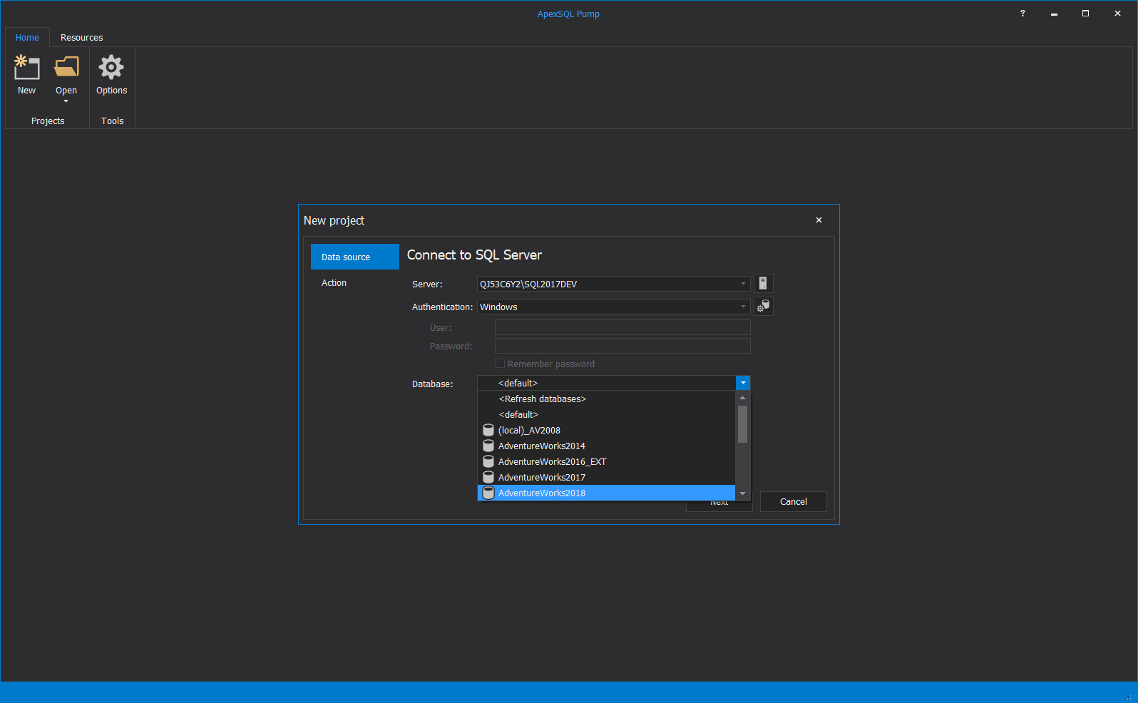 ApexSQL Pump New project window and setup connection