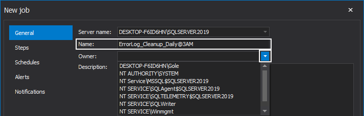 Define name for the new SQL Server Agent job