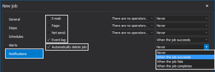 Notifications configuration settings in the "New job" window within ApexSQL Job tool