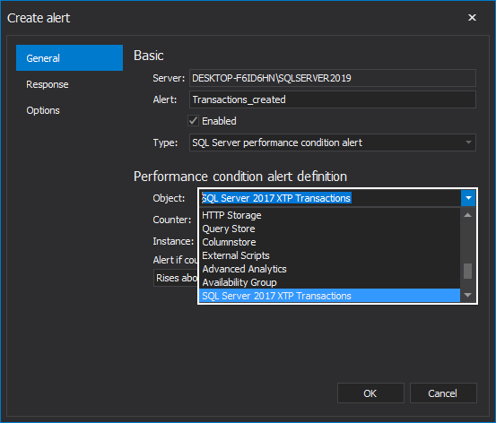 Object selection when SQL Server performance condition alert is selected as alert type
