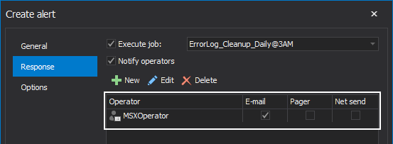 Operator overview in operators list within Response tab of the "Create alert" window