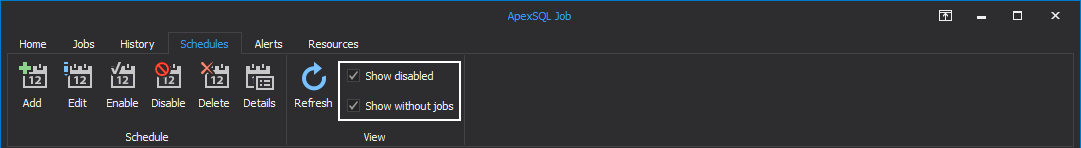 "Show disabled" and "Show without jobs" SQL Server job schedule options in ApexSQL Job tool