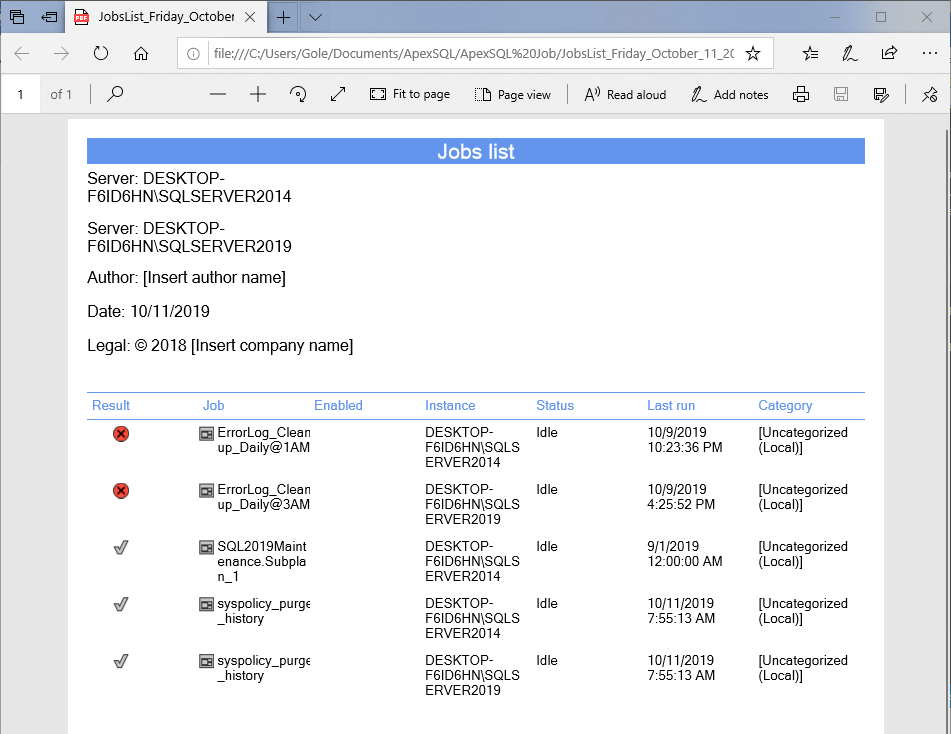 SQL Server Agent job exported to PDF file format