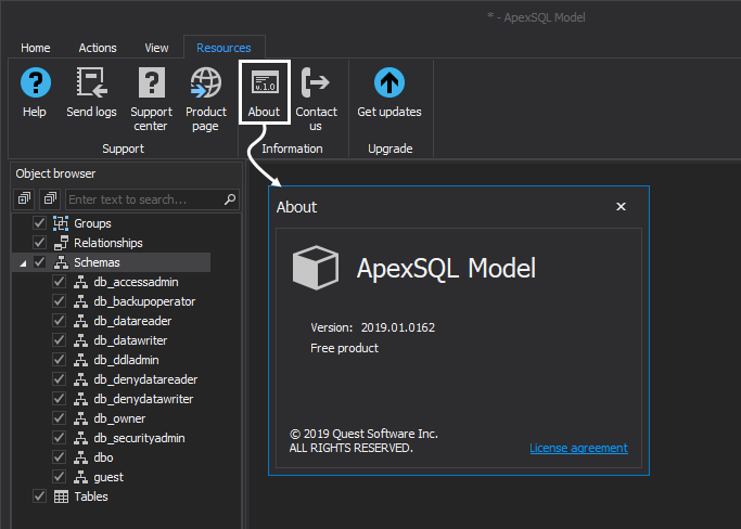 About form for the ApexSQL Model