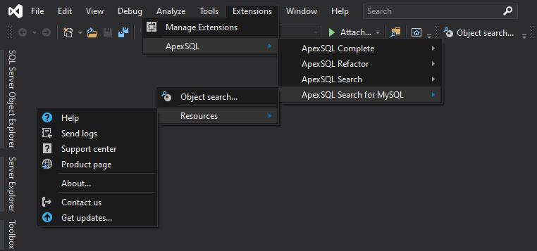 ApexSQL Search for MySQL main menu