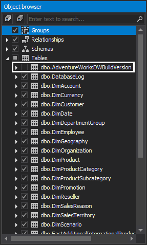 Show all tables using SQL data modeling tool