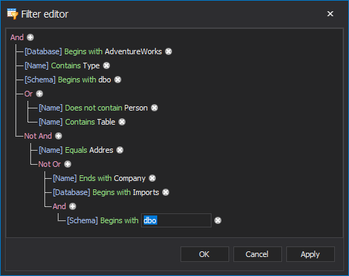 Filter editor for ApexSQL Doc