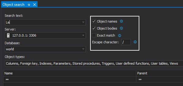 MySQL search options