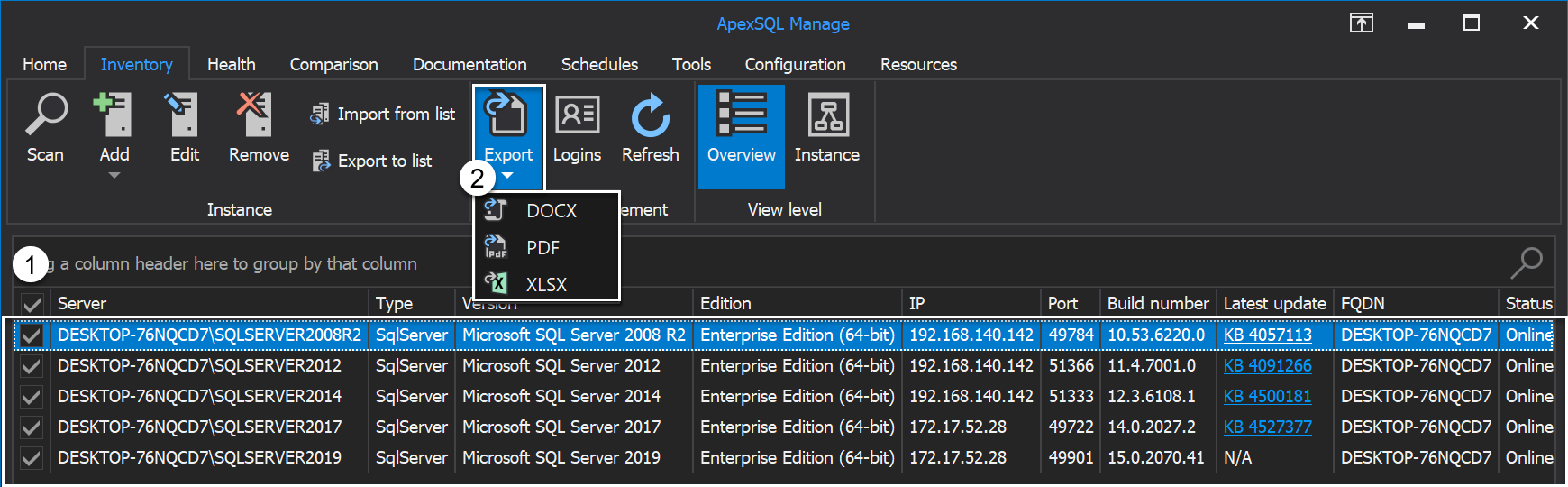 Export selected SQL Server instances from the grid