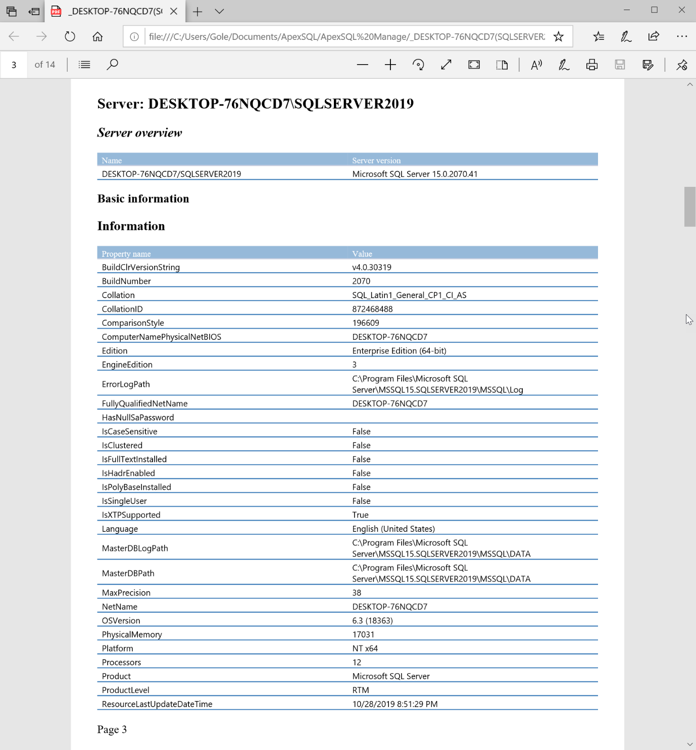 Generated documentation for SQL Server in pdf file format