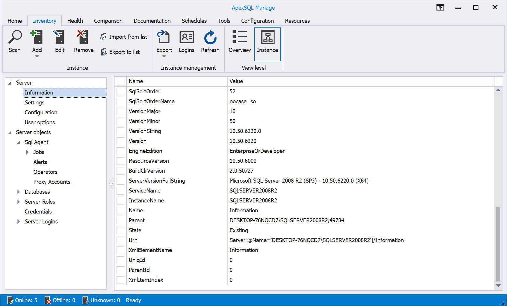 Instance view of SQL Server instances in light theme