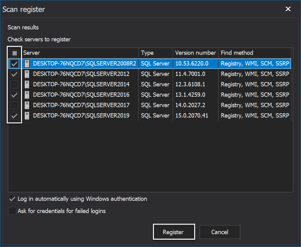Scan search results in the Scan register window of SQL manage instance tool 
